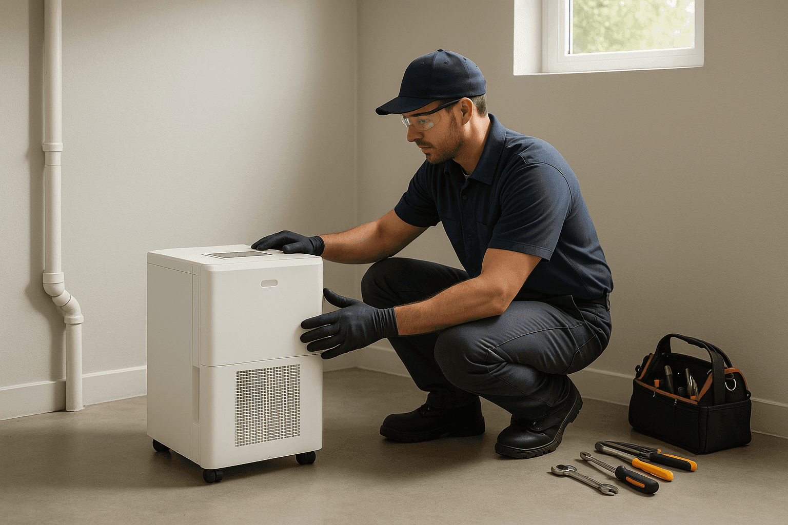 Technician installing a home dehumidifier near basement wall