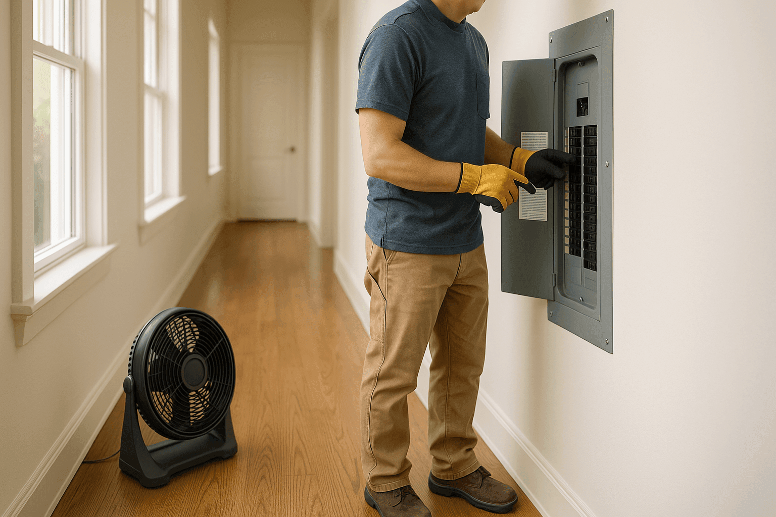 Homeowner checking breaker panel after AC stops working during summer