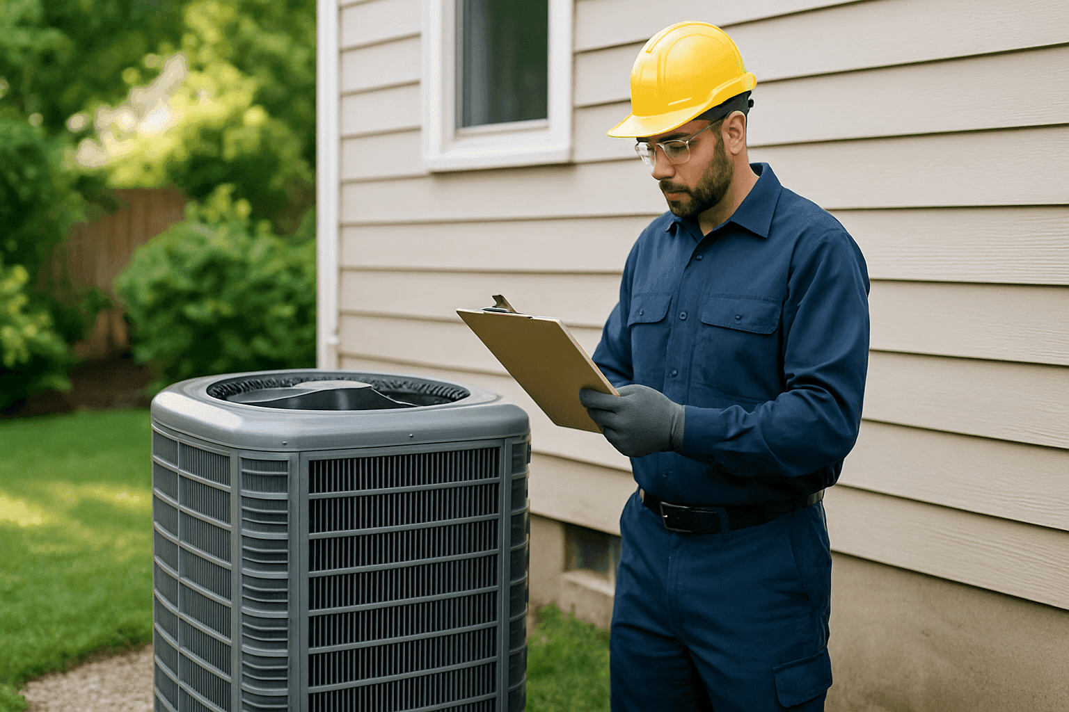 Technician checking HVAC unit with maintenance checklist