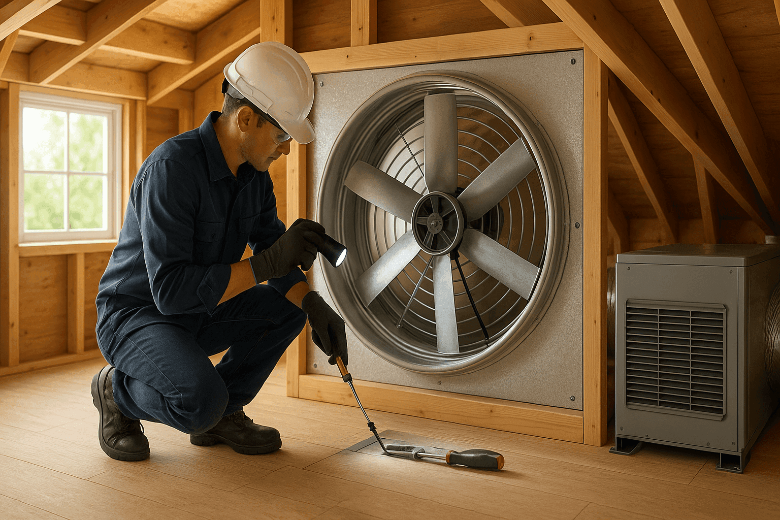 Technician inspecting a whole-house fan in attic next to AC unit
